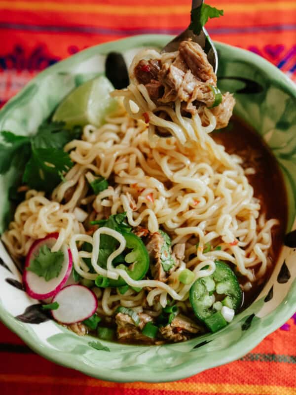 green and white bowl filled with mexican ramen with birria, cilantro, scallions, and radishes.