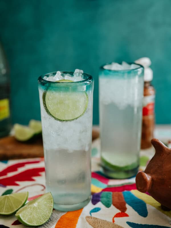 two collins glasses filled with ranch water.