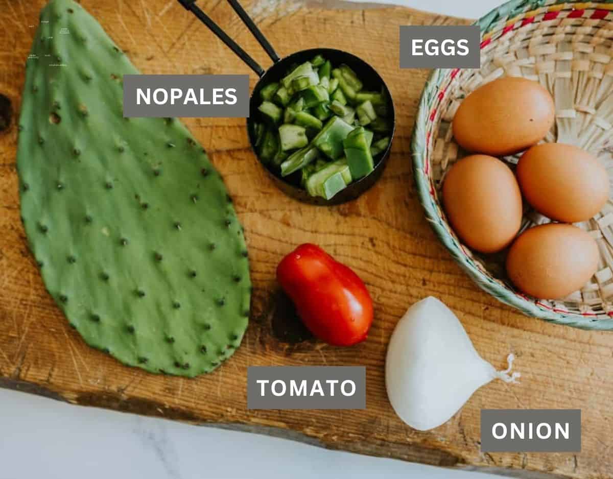 ingredients needed to make nopales con huevo - cactus pad, tomato, onion, eggs on a wooden board.