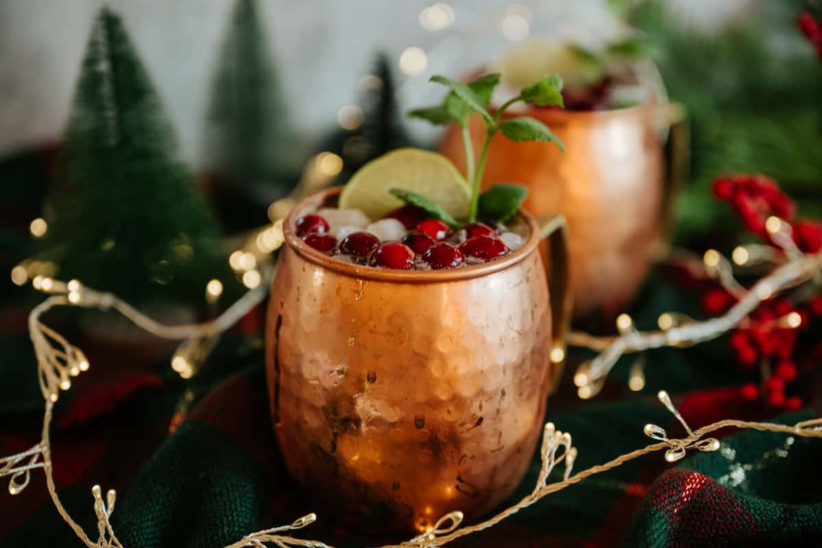 side on hero of a copper cup filled with a Christmas-inspired cranberry mexican mule cocktail.