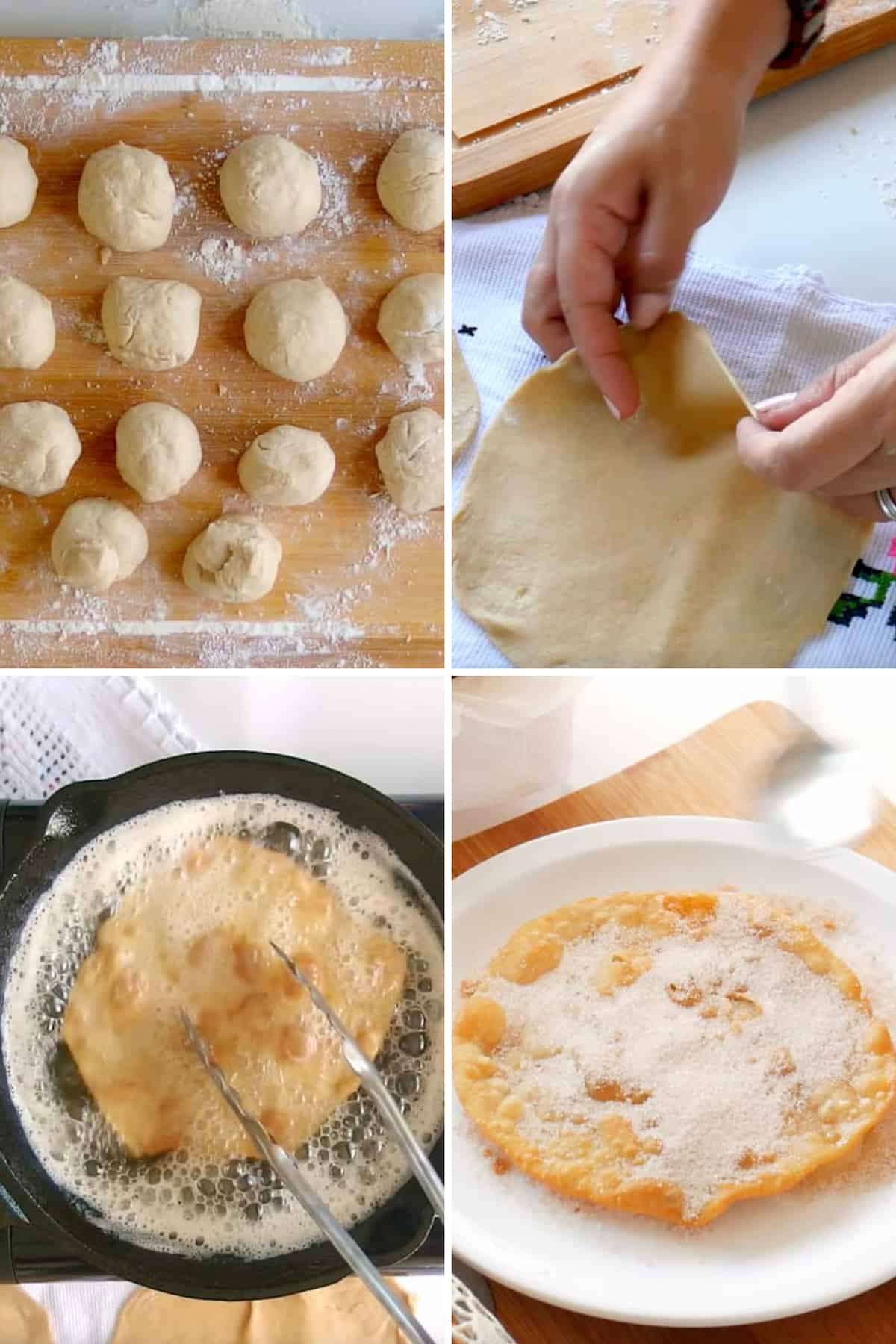grid style photo showing remaining steps for making Mexican buñuelos - shaping the dough into balls, rolling it into thin tortillas to dry on a kitchen towel, deep-frying, and seasoning with cinnamon sugar.