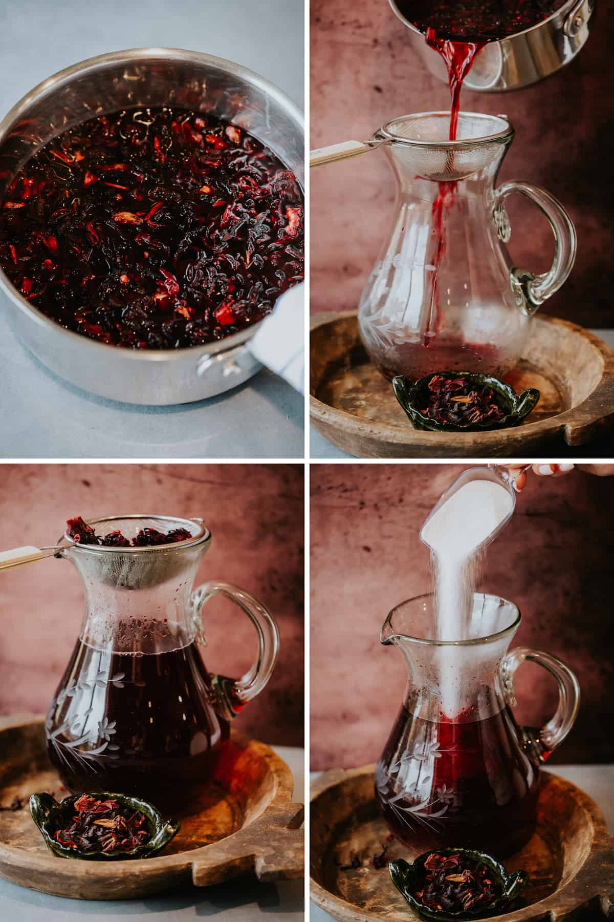 grid-style collage showing the steps to make Mexican agua de jamaica — steeping the hibiscus in hot water, decanting the tea into a pretty glass pitcher, straining out the hibiscus leaves, adding sugar. 