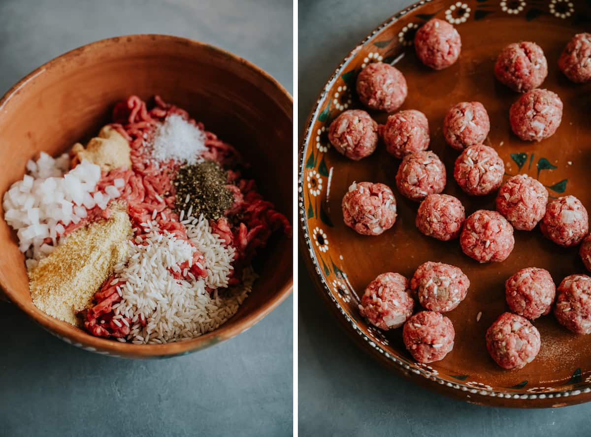 grid-style process shot - albondigas ingredients added to an earthenware mixing bowl in the first photo, then a photo of raw Mexican albondigas on a painted plate. 