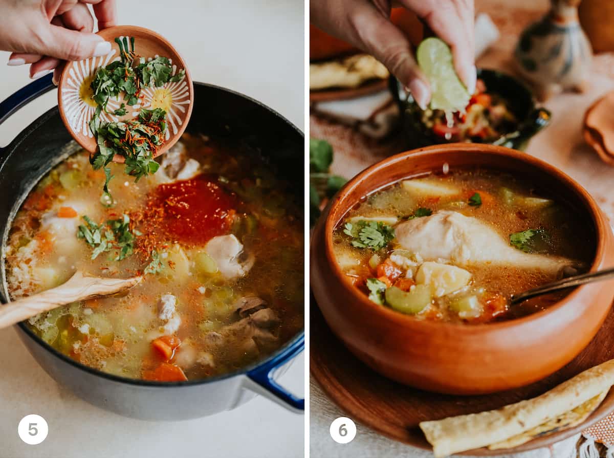 side by side grid photo showing a hand adding the tomato sauce; a hand adding the cilantro and azafran to the chicken soup.