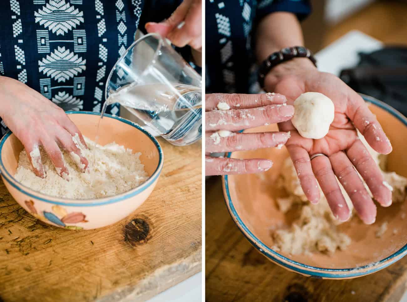 side-by-side images showing hands mixing water into the bowl with the sope dough dry ingredients, then a shot of rolling some of the masa dough into a ball. 