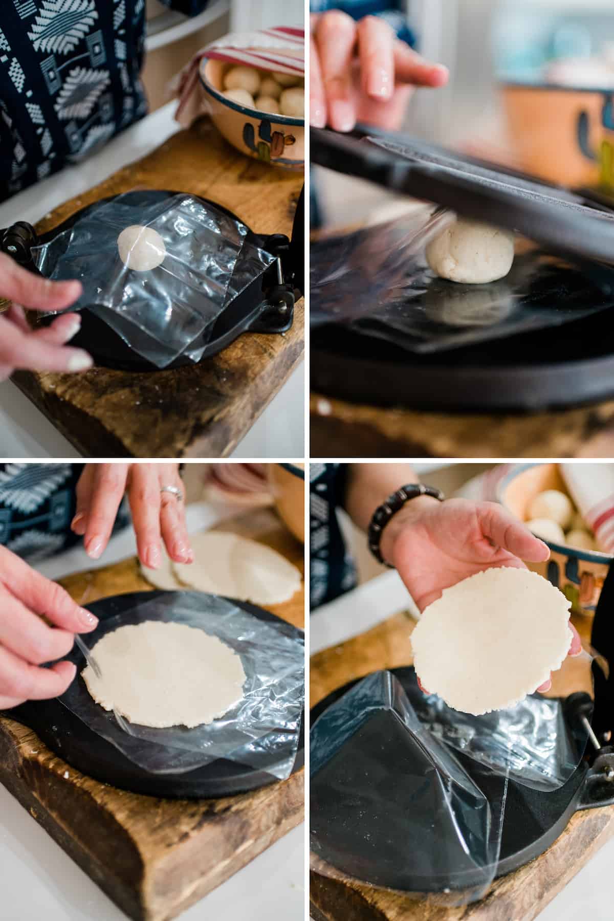 grid-style process shots showing a rolled ball of masa dough between two pieces of plastic on a tortilla press, a hand lightly pressing the tortilla press to smoosh the masa dough, a hand lifting the top piece of plastic off, and a hand holding the flattened but not-yet-shaped sope shell. 