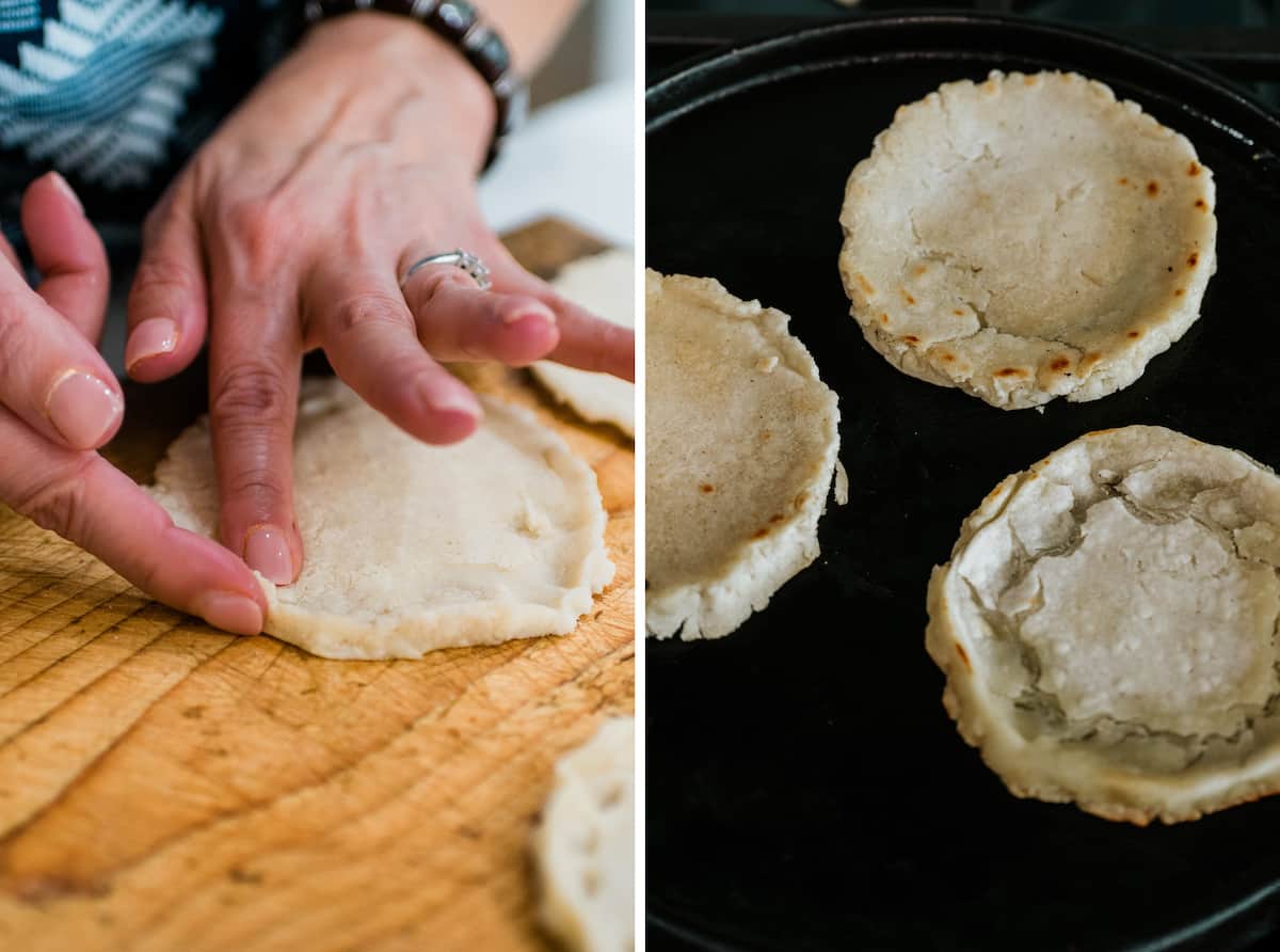 side-by-side images of a woman's hands shaping sopes by pinching around the edges, and the sopes being fried on a comal. 