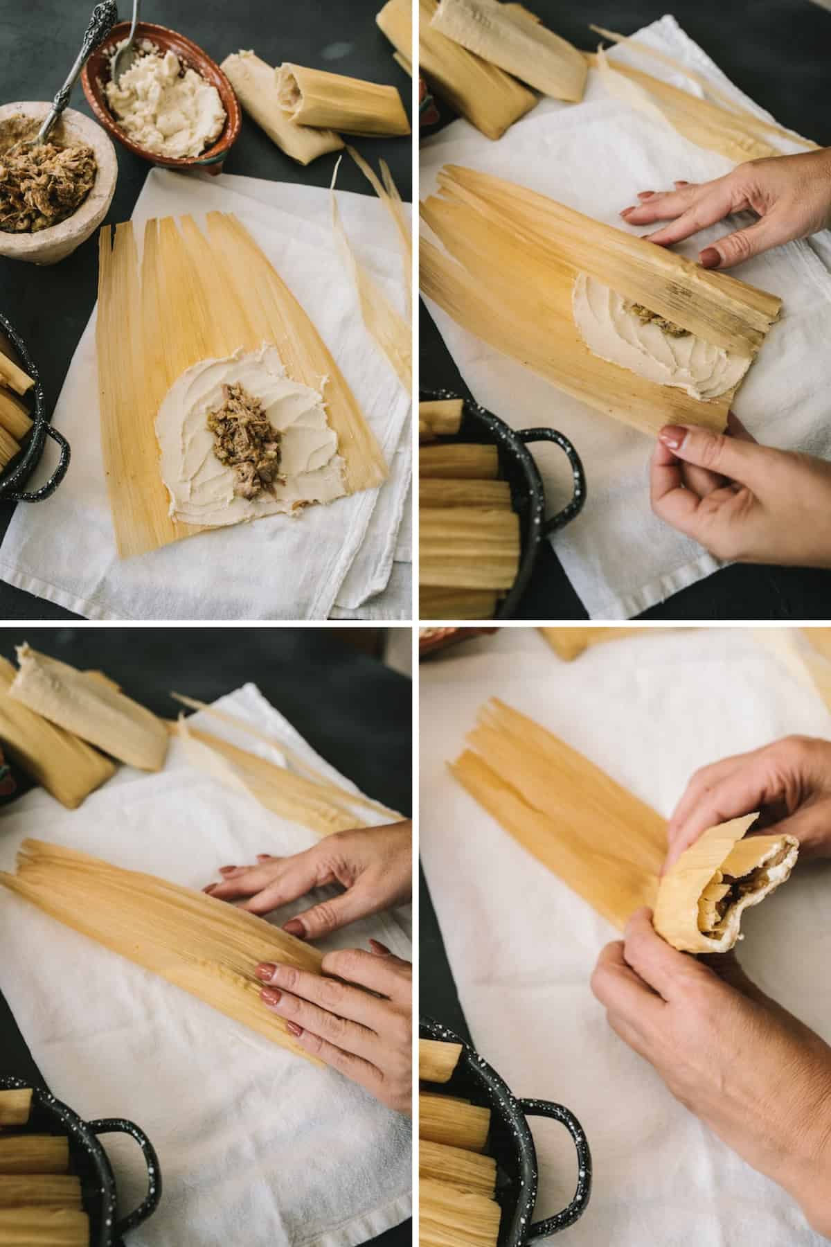 gallery of photos showing the proper way to assemble tamales in corn husks. 