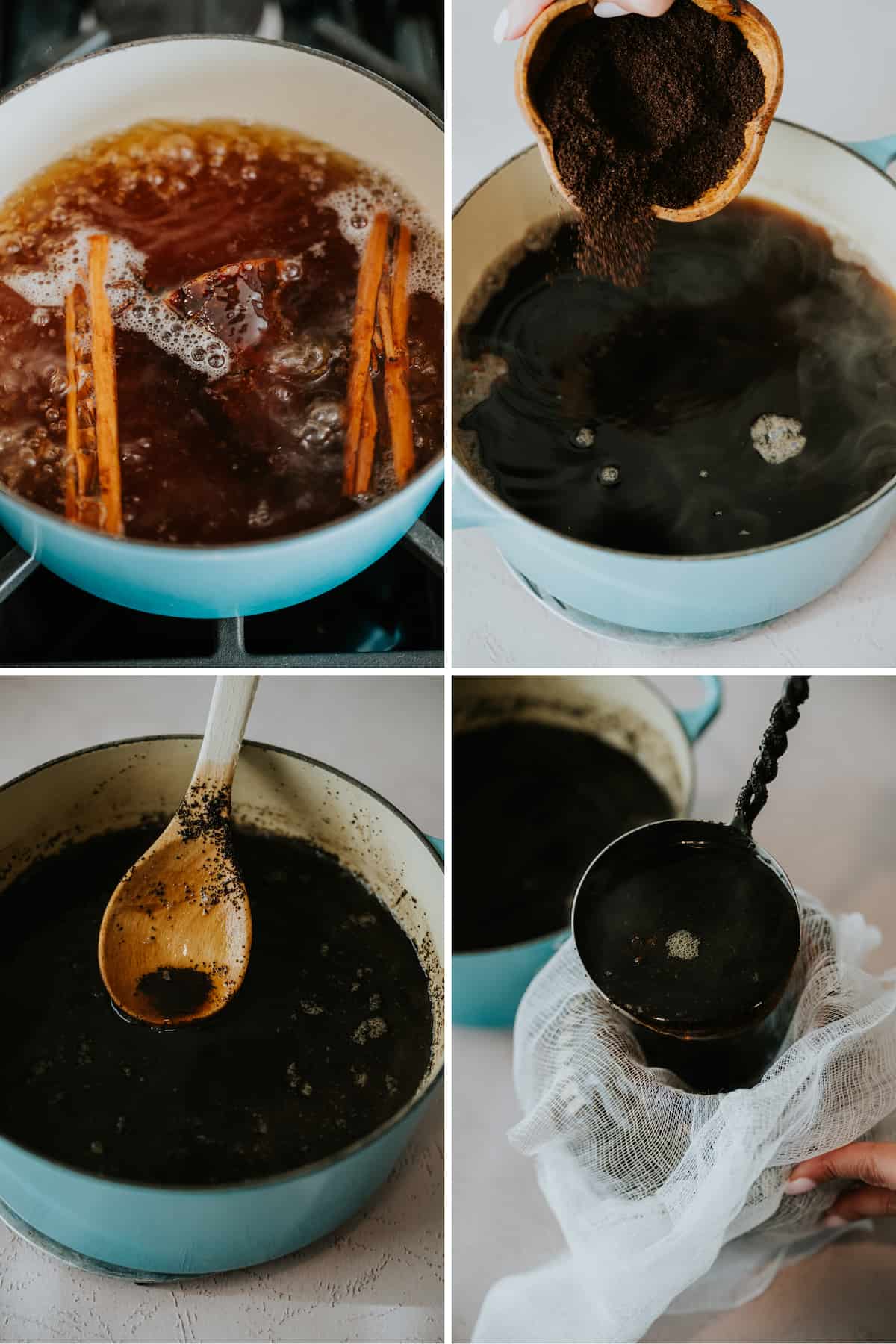 grid-style photo collage showing the process of making cafe de olla in a turquoise dutch oven — simmering the piloncillo and spices in water, adding the coffee grounds, simmering, and then straining the mixture through cheesecloth. 