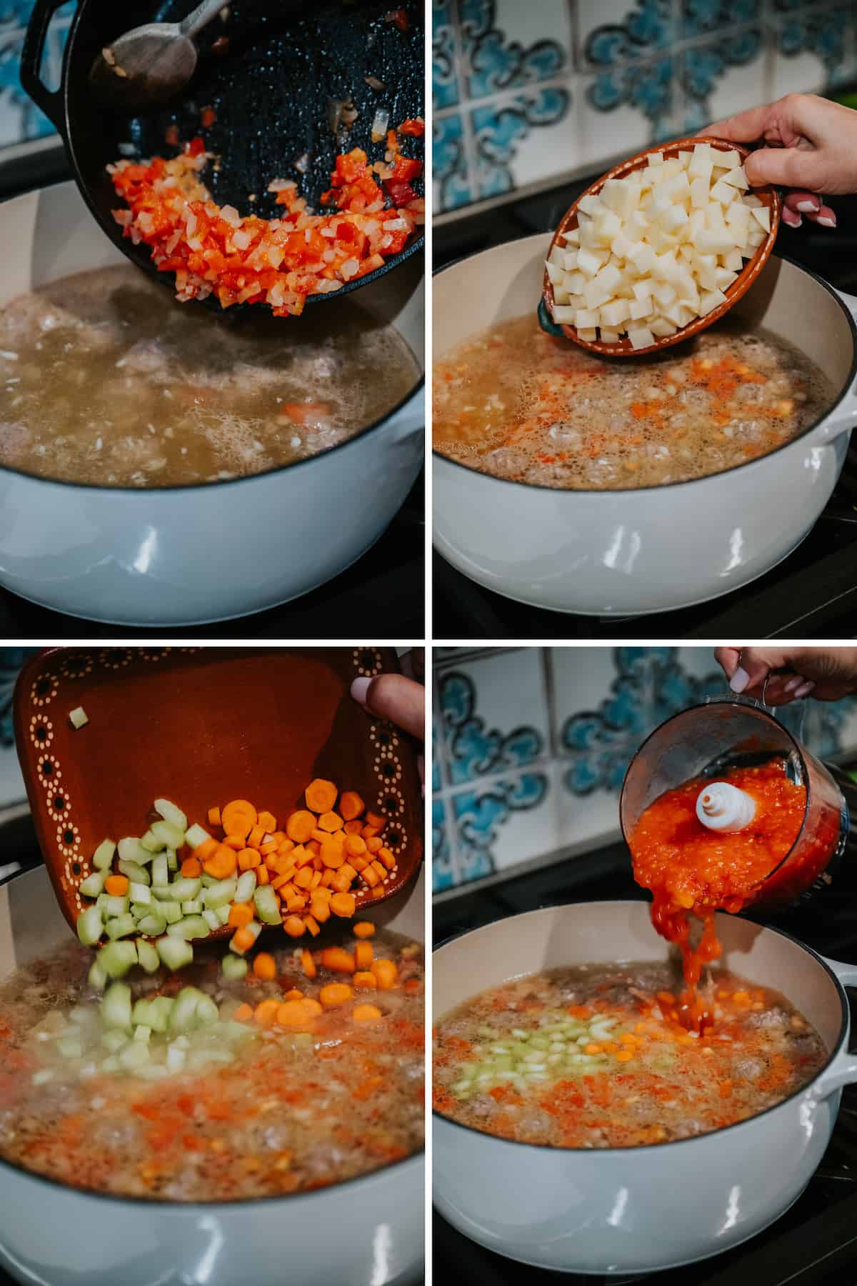 grid style process shot showing the sauteed tomatoes and onions being added to the pot with the broth, raw potatoes going into the soup, carrots and celery being added, and the puréed broiled tomatoes getting added to the caldo de albondigas soup pot.