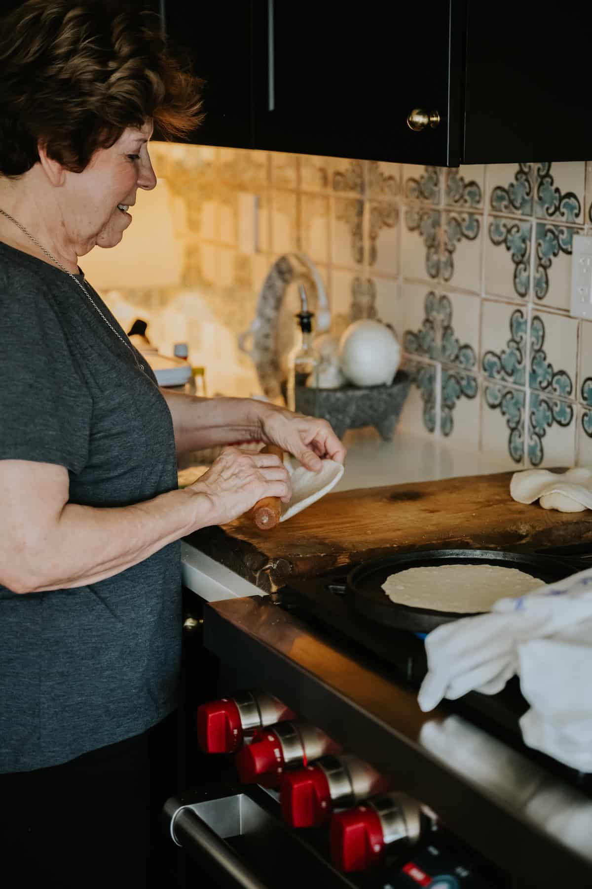 Vangie Soza making. homemade flour tortillas with inherited Mexican rolling pin. 