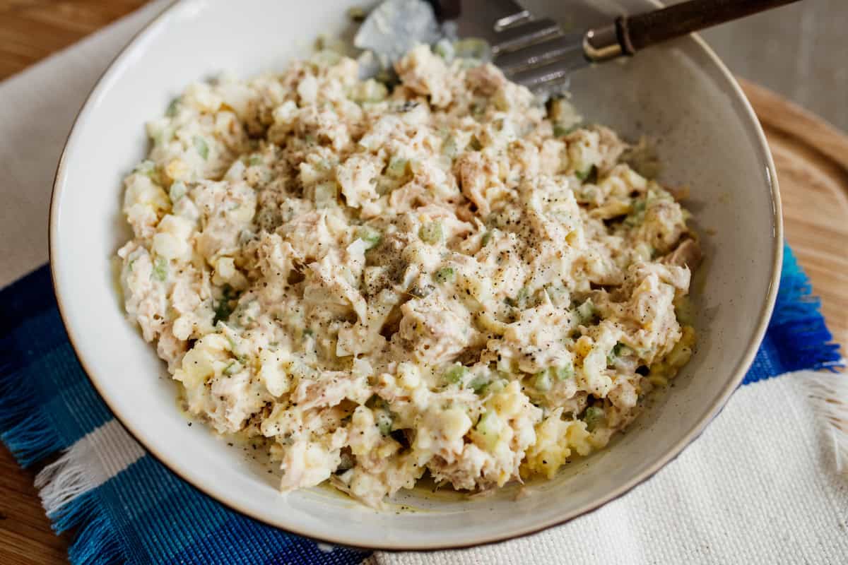 tuna salad made with eggs in a serving bowl.