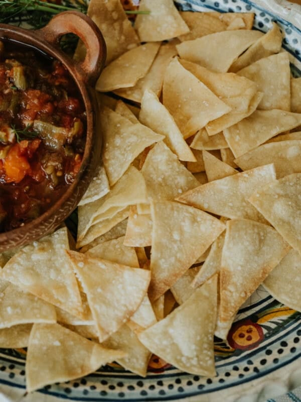 platter of homemade tortilla chips served with fresh salsa.