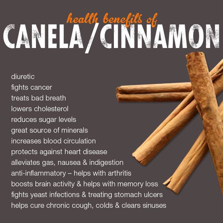 image of 4 Mexican cinnamon sticks on a grey background with text overlay that reads "health benefits of canela/cinnamon; diuretic, fights cancer, treats bad bread, reduces sugar levels, great source of minerals, increases blood ciculation, protects against heart disease, alleviates gas, nausea, & indigestion, anti-inflammatory - helps with arthritis, boosts brain activity & helps with memory loss, fights yeast infections & treating stomach ulcers, helps cure chronic cough, colds & clears sinuses."