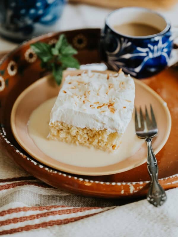A slice of Coconut Tres Leches Cake on a terracotta-colored plate, topped with whipped cream and toasted coconut flakes, surrounded by a pool of tres leches milk and served with a mint sprig and a cup of coffee.