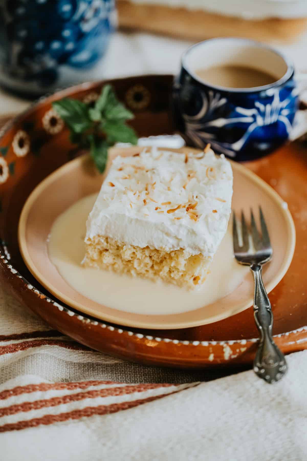 A slice of Coconut Tres Leches Cake on a terracotta-colored plate, topped with whipped cream and toasted coconut flakes, surrounded by a pool of tres leches milk and served with a mint sprig and a cup of coffee.