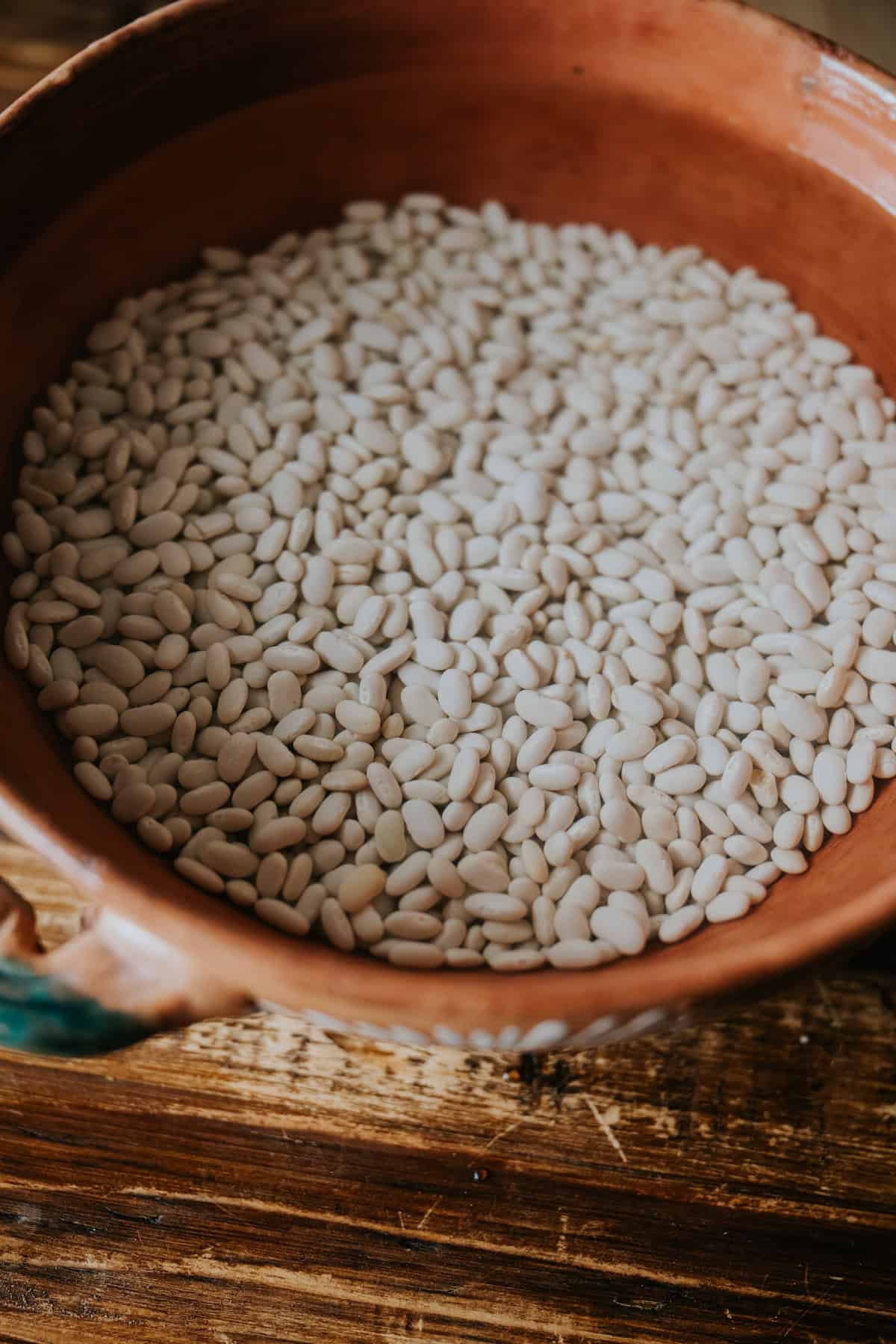 chivo blanco beans soaking in a terracotta bowl overnight. 
