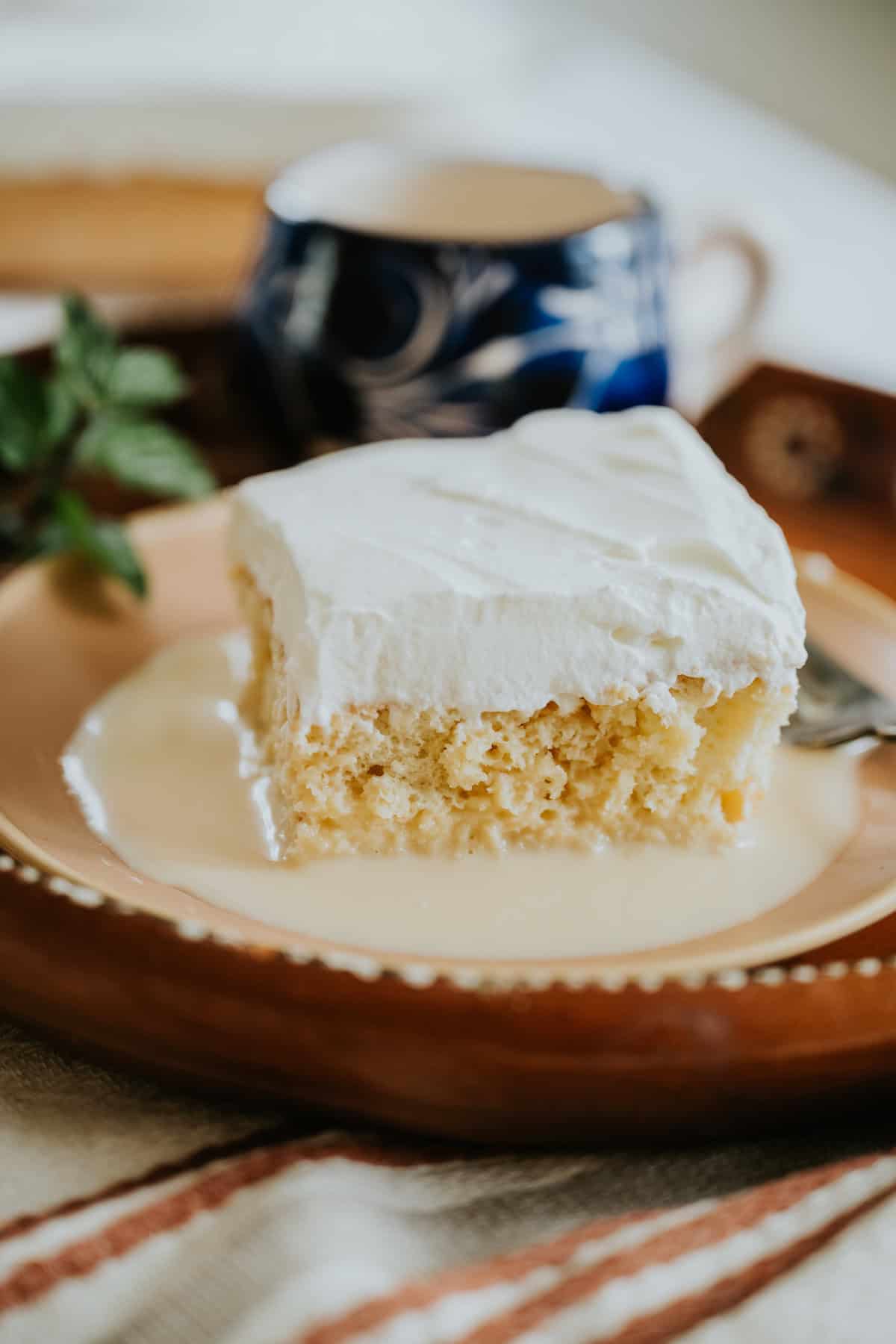 A slice of Coconut Tres Leches Cake on a terracotta-colored plate, topped with whipped cream, surrounded by a pool of tres leches milk and served with a mint sprig and a cup of coffee.
