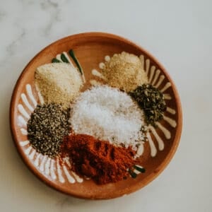 A clay plate with piles of ground spices including garlic powder, onion powder, salt, pepper, and chile powder.